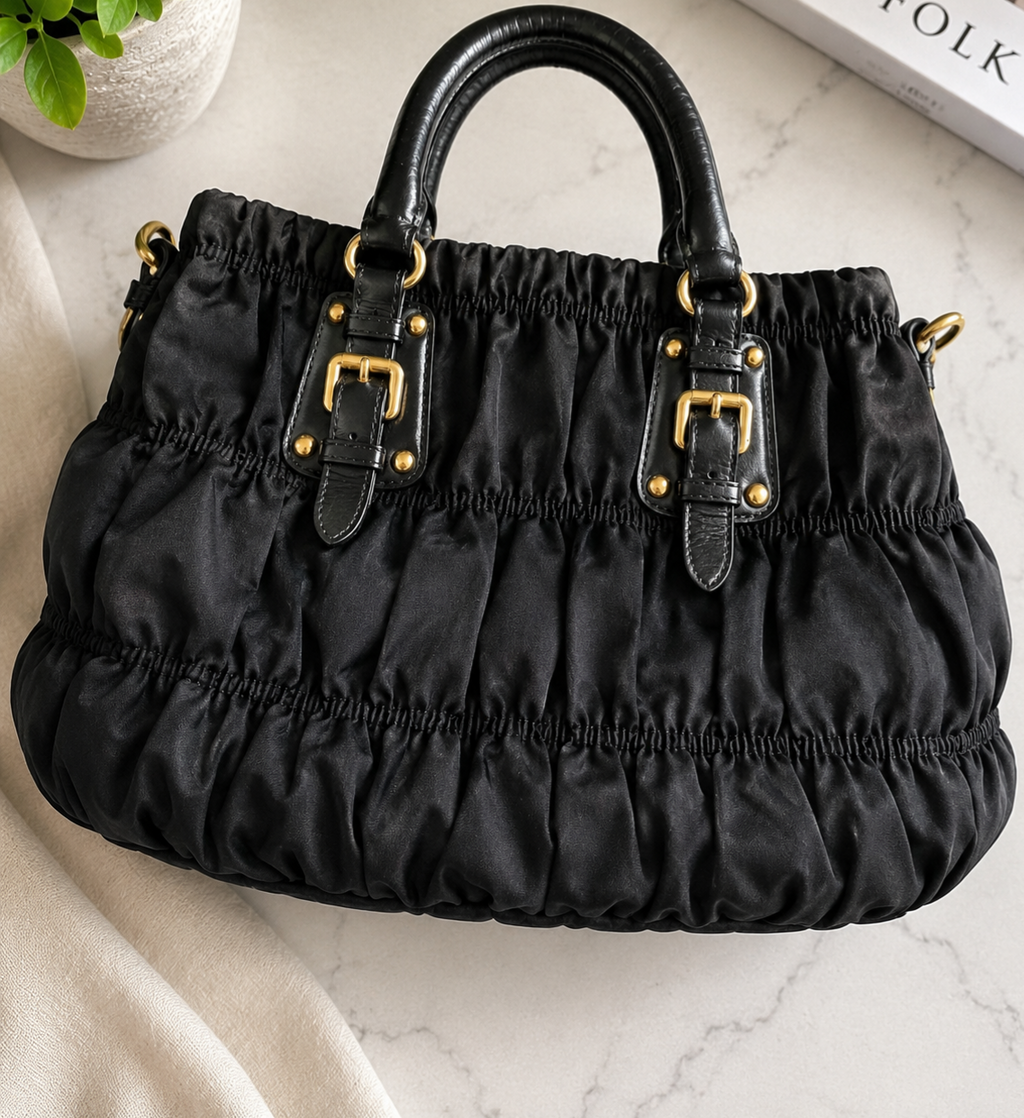 Black Ruched Nylon Tote Bag