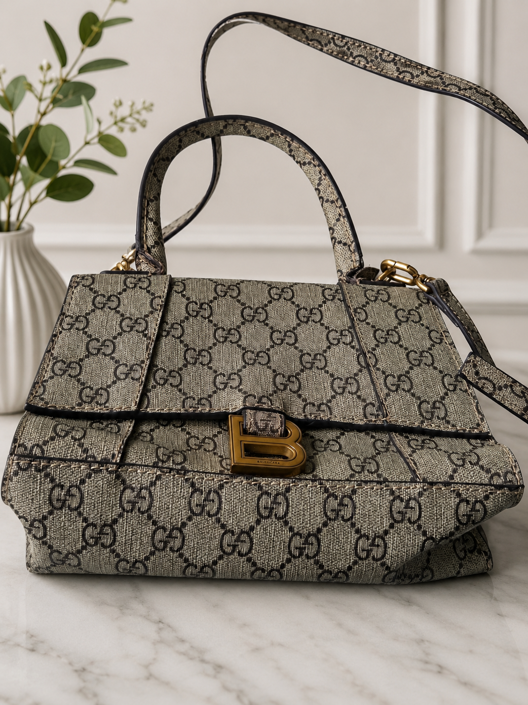 Monogram Print Top Handle Crossbody Bag – Beige & Brown